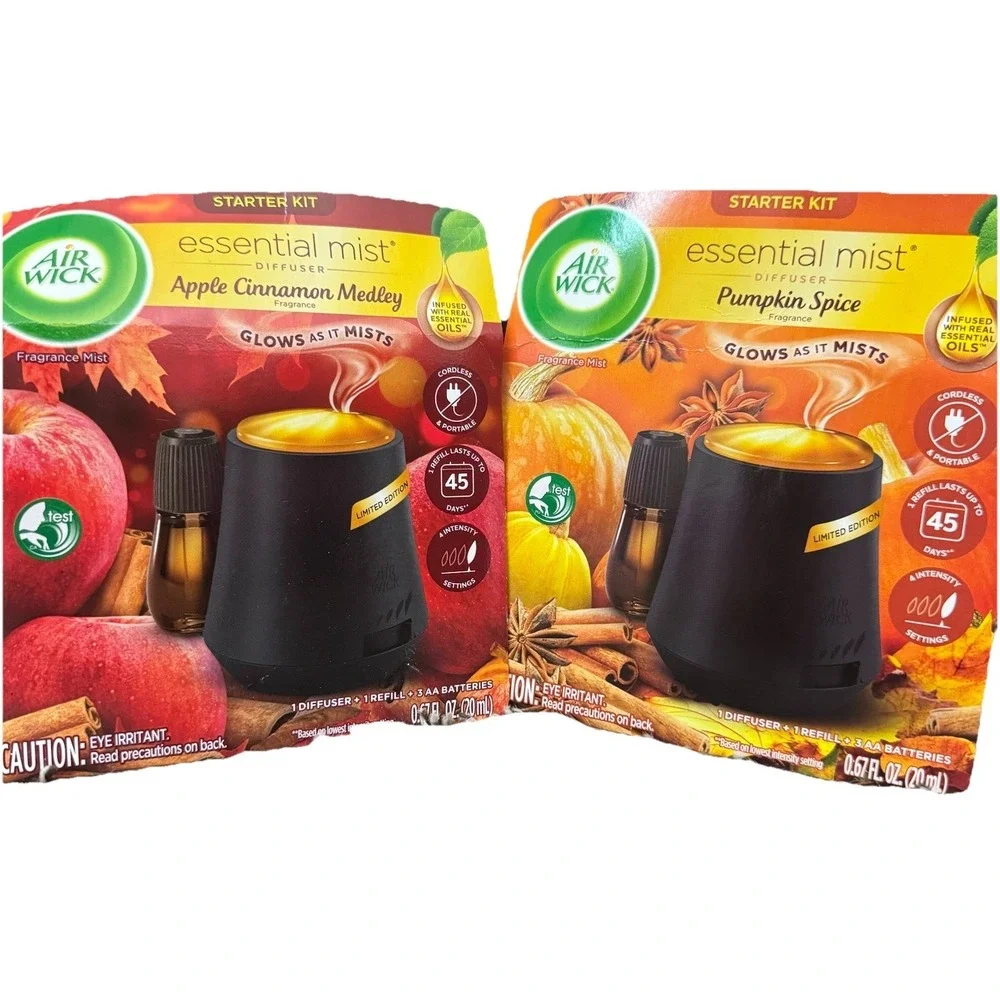Air Wick Essential Mist Diffuser Kit Lot 2 Apple Cinnamon And‎ Pumpkin Spice